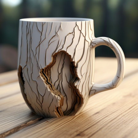 an artistic coffee mug with a highly detailed environment, featuring a cracked wood sculptor design. the mug showcases naturalistic shadows and flat yet expressive elements, with jagged edges adding to its unique appeal. the meticulous design of this mug creates a visually captivating and artistic piece. ai generatedの素材
