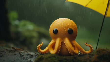 an octopus holding a yellow umbrella stands in the rain, showcasing a cute and dreamy scene. created in the style of unreal engine, this hard surface modeling piece features hyper-realistic details in an orange color palette. the eerie realism of the octopus and the rain adds to the overall effect, making it a stunning example of ue5. ai generatedの素材