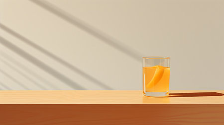 glass of orange juice on wooden table with sunlight. minimalist illustration style, reminiscent of classic japanese simplicity. ray tracing technique creates realistic scenes. editorial illustrations with precisionist touch. gray and amber tones add depth and warmth to the composition. ai generatedの素材