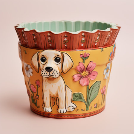 a flower pot featuring a girl dog in a detailed pattern style, showcasing hyper-realistic animal illustrations. the pot is made of polychrome terracotta, with light pink and yellow hues. the rendering is realistic and highly detailed, with hand-painted elements and the use of the impasto technique. ai generatedの素材