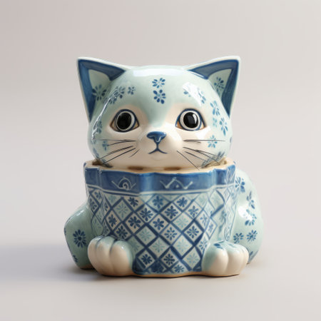 a ceramic cat ornament sits inside a blue ceramic pitcher, showcasing the artistic style of unreal engine 5. this charming piece combines traditional japanese techniques, vray rendering, and low poly design. with intricate patterns and a toycore aesthetic, it adds a delightful touch to any space. ai generatedの素材