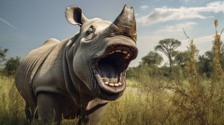 a photo of a rhino safari captured with a nikon d750 camera by patrick brown. this hyper-detailed rendering showcases the raw emotion and intense emotional expression of the rhinos. the style is realistic, and the photo has a surprisingly absurd element to it, reminiscent of the work of serge marshennikov. ai generatedの素材