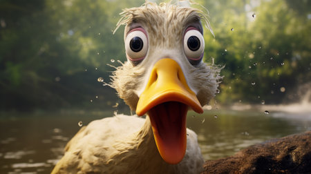 a duck with a vibrant red head gazes intently into the water, its mouth wide open. this captivating image, created using cinema4d and unreal engine, draws inspiration from the artistic styles of sandy skoglund, carl barks, and lucy glendinning. the close-up shot beautifully captures the duck's dynamic and exaggerated facial expressions. ai generatedの素材