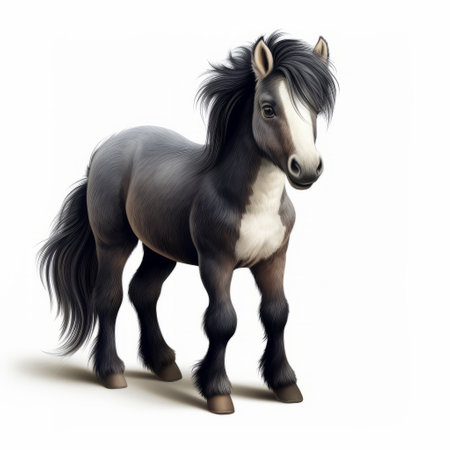 a grey and black pony stands gracefully on a white background, showcasing a realistic fantasy style. this caricature-like illustration, available under creative commons attribution, is perfect for children's book illustrations. the hyper-realistic depiction of the animal, with its dark blue and light beige tones, makes this uhd image truly captivating. ai generatedの素材