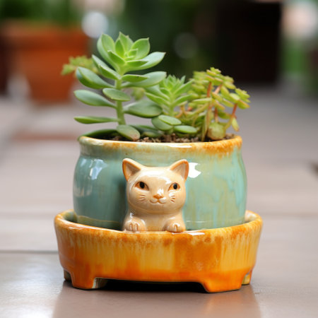 a ceramic bowl with a cat statue and plants is placed on a tablecloth. the photo, taken with a nikon d750, showcases a smilecore style with light yellow and teal colors. the composition reflects a chinapunk aesthetic, featuring melting pots and a combination of light green and light brown tones. ai generatedの素材