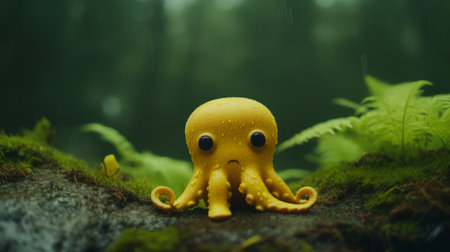 an octopus, inspired by iconic pop culture references, sits in the rain in a forest. the vibrant colors of yellow and emerald bring a unique touch to this hard surface modeling. the soft-focus portrait captures the octopus in a soggy, minimalist nature study, showcasing the beauty of toyism. ai generatedの素材