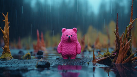 a pink bear, rendered in cinema4d, stands in a swamp near a waterfall. this adorable toy sculpture is surrounded by inclement weather, creating a gloomy atmosphere. the photo, captured in 8k resolution, showcases the small brushstrokes that bring the bear to life. discover this unique artwork on flickr. ai generatedの素材