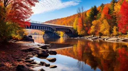 a vibrant landscape photograph capturing the reflection of colorful trees and bushes in the water. this image showcases the american regionalism style, reminiscent of die brucke movement, with a palette of red and amber hues. the mountainous vistas add depth to the scene, while the 32k uhd resolution brings out every detail. a perfect addition to the collection of new york school enthusiasts and travelの素材