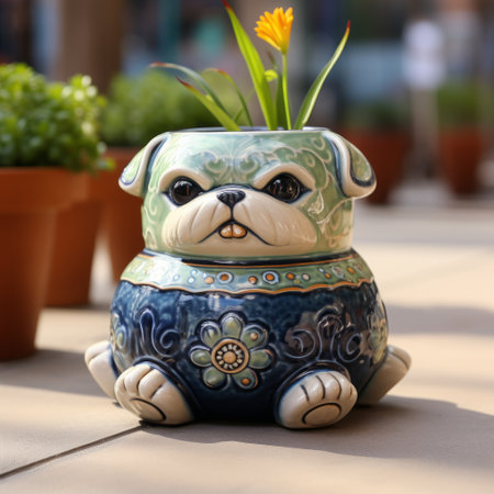 a potted dog sits gracefully, showcasing a unique blend of light green and indigo hues. this art piece incorporates traditional japanese techniques, such as focus stacking, to create a visually stunning effect. the contrasting colors of light orange and dark blue add depth and vibrancy to the composition. inspired by cloisonnism and smilecore, this artwork is a creation by aykut aydogdu. ai generatedの素材