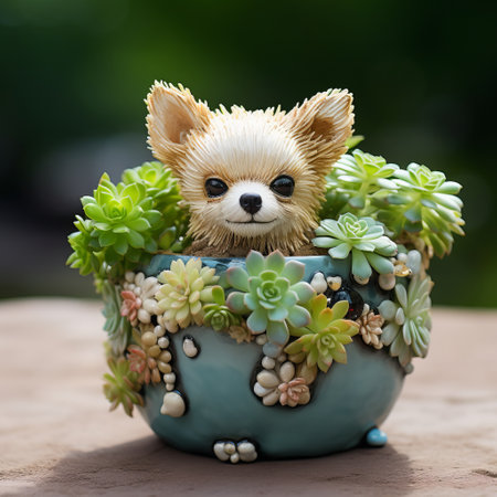 a dog sits in a pot surrounded by lush grass, resembling an adorable toy sculpture. the scene is reminiscent of exotic flora and fauna, with elements of angura kei style. the photorealistic details bring out the cuteness and vibrant colors of the image, featuring a combination of light gold and turquoise. the overall effect is both sharp and prickly. ai generatedの素材