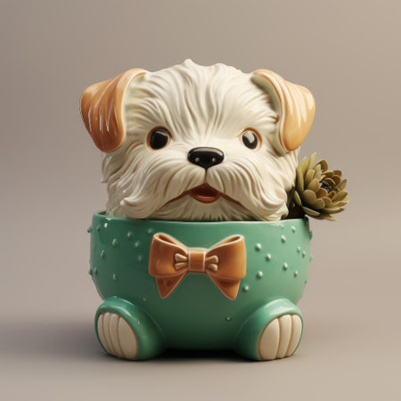 a white dog, resembling a flower, is depicted in this charming character illustration. created using vray tracing, the glazed earthenware style adds a nostalgic touch to the detailed character design. with its sharp and prickly features, this lowbrow artwork showcases a unique and captivating aesthetic. ai generatedの素材