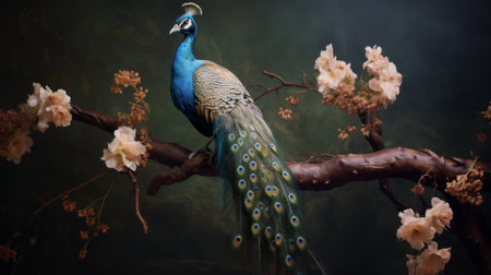 blue peacock perched on a branch adorned with branches and flowers, captured in the artistic style of sacha goldberger. this ultra-high-definition image, created using vray tracing, showcases the intricate details and accuracy reminiscent of renowned artists martin johnson heade and peter coulson. the peacock's feathers shimmer in shades of dark emerald and pink, creating a captivating visual spectacle. ai generatedの素材