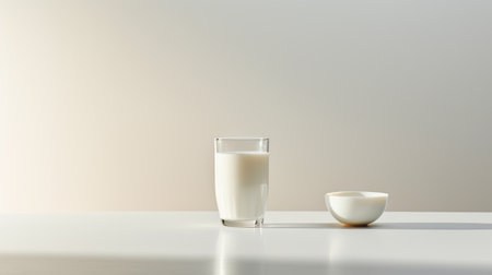 glass and cup with milk on a white background, captured in 4k resolution. this minimalist composition, inspired by the style of ed freeman and japanese minimalism, showcases the photorealistic rendering of the scene. the use of a beige color palette adds a touch of elegance, reminiscent of the works of william stanley haseltine. ai generatedの素材