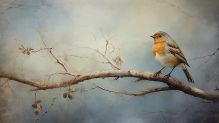 a bird perches on a bare branch, captured in a portrait with soft, hazy brushstrokes. the hyperrealistic mural depicts the bird in a light indigo and light amber color palette, set against pastoral surroundings. this daguerreian-inspired artwork, created by a contest-winning oil painter, showcases the bird's beauty and the artist's skill. ai generatedの素材