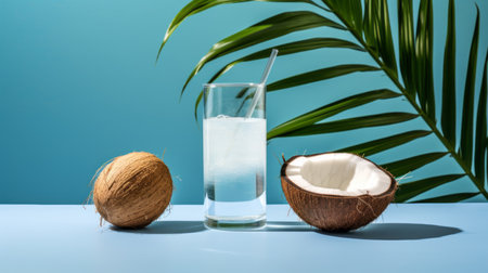 a glass filled with white water and coconut chunks is placed on a vibrant blue background. this nature-inspired photo showcases a unique blend of elements, including drugcore aesthetics, found-object-centric composition, and solarizing techniques. the vibrant colorism and contrast-focused approach create an eye-catching image. ethical concerns are also reflected in this visually striking photograph. ai generatedの素材