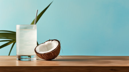 glass of refreshing coconut water placed on a table adorned with lush green plants and leaves. the image showcases a captivating blend of light turquoise and dark sky-blue hues, creating a visually appealing commercial imagery. with elements of avocadopunk, the photo exudes a sense of stark simplicity and bold chromaticity. the wooden table adds a touch of warmth to this captivating image, perfect for websitesの素材