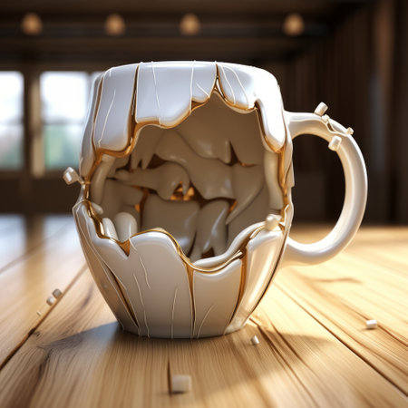 a broken coffee cup with exaggerated expressions and hyper-detailed rendering sits on a table. the organic sculpting showcases its cracked and sharp edges, while clever humor adds a creative touch. this realistic image, with its light white and gold tones, is available under a creative commons attribution license. ai generatedの素材