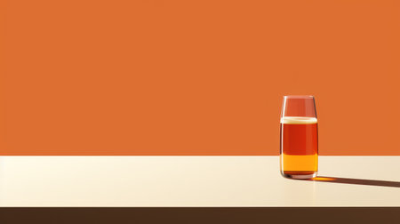 a bottle of flavored whiskey, with a minimalist color field style, is showcased on a white surface. the vibrant orange hue of the bottle is digitally enhanced, creating a visually striking image. the glass material adds a touch of elegance to the minimalist set, while the flat background emphasizes the lively tavern scenes associated with whiskey. ai generatedの素材