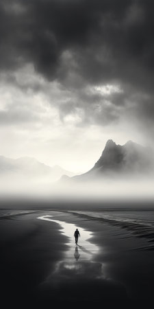 a large portrait captures a single man walking on a wet beach, reminiscent of the style of george digalakis. the image showcases the beauty of mountainous vistas and norwegian nature, with a touch of digital fantasy landscapes. the monochrome landscape adds a sense of tranquility, inviting viewers to engage in quiet contemplation, much like the works of joong keun lee. ai generatedの素材