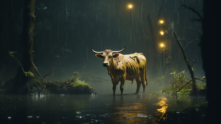 a cow stands in the night, illuminated by the soft glow of lights amidst a forest of trees. this hyper-realistic water rendering, created in cinema4d, captures the essence of traditional vietnamese art with its depiction of inclement weather. the dark yellow and light bronze tones add a touch of warmth to this graffiti-inspired portrayal of animals. enjoy this stunning uhd image. ai generatedの素材