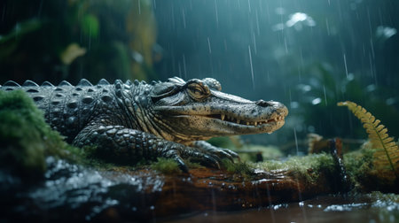a crocodile in the rain, captured in a stock photography photo, showcases the artistic style of raphael lacoste. this narrative-driven visual storytelling piece, created using unreal engine 5, features animal figurines by dmitry spiros. the photo exhibits realistic and hyper-detailed renderings, with a color palette dominated by dark blue and white hues. ai generatedの素材