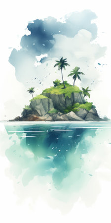 a green beach painting illustration, isolated image, captures the enigmatic tropics with its ink painting style. the use of tilt-shift lenses adds depth to the 2d game art-inspired illustration. this piece of indonesian art evokes a sense of pensive stillness. ai generatedの素材