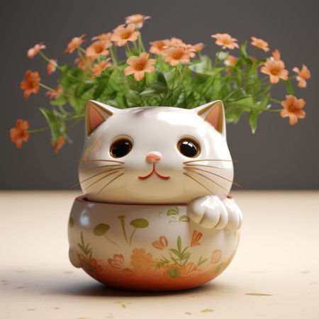 a white cat perched on a planter adorned with vibrant orange flowers. this 8k 3d image showcases detailed character design by mike campau, featuring a ceramic-like texture. the use of traditional japanese artistic techniques adds depth to the cute and cartoonish designs. ai generatedの素材