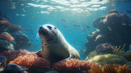 a seal gracefully glides through the crystal-clear ocean waters, amidst vibrant corals and a colorful array of fish. this stunning photograph captures the beauty of marine life with its photorealistic details and soft-focus portraits. the use of ray tracing and lens flare adds a touch of realism, while the sketchfab style enhances the characterful portrayal of this majestic animal in a dutch marine scene. aiの素材