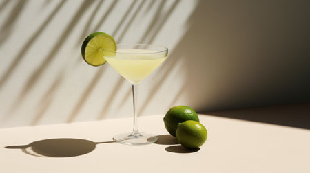 a lime cocktail, featuring lime rind and various ingredients, is captured in this uhd image. the photo showcases a juxtaposition of light and shadow, with dignified poses and minimalist starkness reminiscent of slim aarons' style. melding mexican and american cultures, the image highlights fine lines and delicate curves. ai generatedの素材