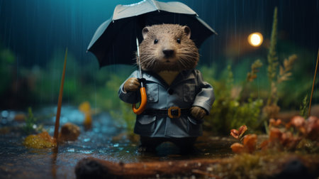 a creature, in the style of hyper-realistic water, stands next to a tree with an umbrella. this humorous animal scene, with low depth of field, showcases the furry art reminiscent of animated film pioneers. the image is perfect for a website or miniature dioramas. ai generatedの素材