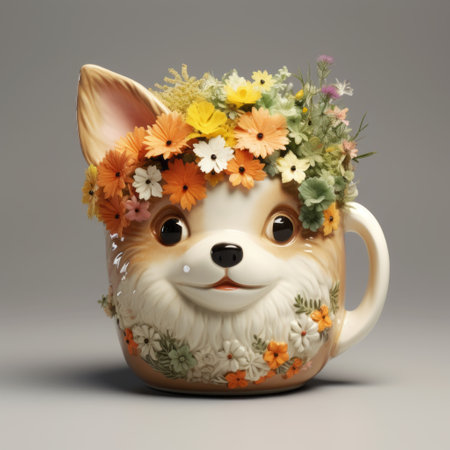 corgi puppy with flowers mug art 3d model featuring a character design inspired by the style of yanjun cheng. this artwork draws influence from the works of louis wain and zena holloway, showcasing imaginative characters with strong facial expressions. the naturalistic depictions of flora and fauna add a touch of realism to this captivating piece. ai generatedの素材