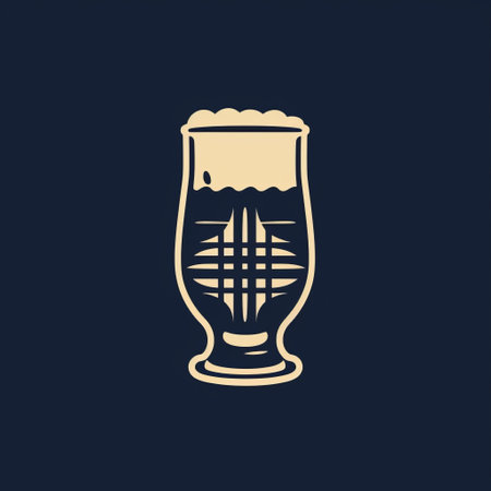 a minimalist graphic design of a tavern or bar showcasing a pint of beer. the image features a dark blue and beige color scheme, with glass as the primary material. the design incorporates classical symmetry and utilizes frostpunk elements, such as harsh graphic lines. the clever use of negative space adds depth to the overall composition. ai generatedの素材