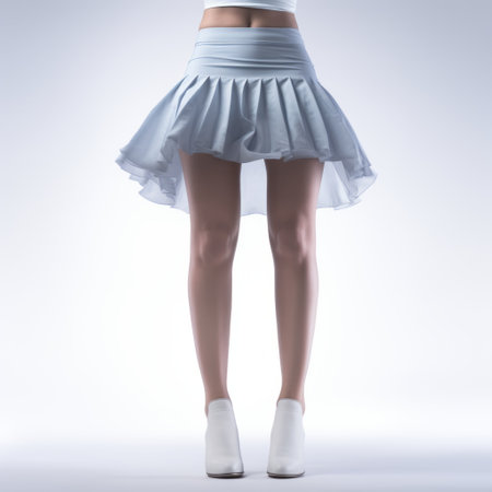 a woman wearing a light-colored skirt sits on a daz3d-style background. the image features a low-angle perspective with a light blue and white color scheme. the uhd image showcases symmetrical asymmetry and incorporates elements of poodlepunk fashion. the woman's outfit includes the creative use of fabric. ai generatedの素材