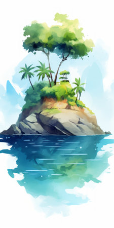 two palm trees stand tall on a picturesque island in this speedpainting-style drawing. the concept art showcases the beauty of translucent water surrounding the island. the caricature-like illustrations are brought to life with bold colors and brushwork, making it a perfect fit for 2d game art. ai generatedの素材