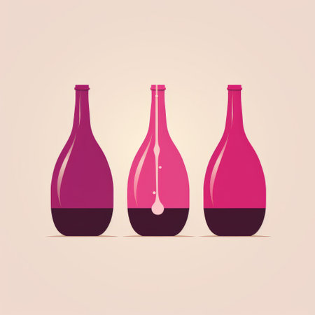 three glass wine bottles are showcased on a beige background, adorned with a charming character illustration. the dark pink inscription adds a touch of elegance to the minimalist, simplified abstraction. tonal variations in color and water drops further enhance the visual appeal of this captivating illustration by a talented and creative minimalist illustrator. ai generatedの素材
