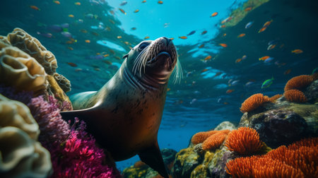 a sea lion gracefully swims through vibrant coral reefs in this 8k resolution photograph. the image, processed in the style of darktable, showcases the strong facial expression of the sea lion. the bold lines, vibrant colors, and sharp focus bring out the fine and detailed features, reminiscent of the artistic style of henry moret. ai generatedの素材
