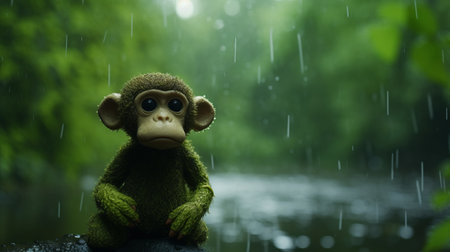 a black and white stuffed monkey, reminiscent of michal karcz's style, gazes at someone amidst lush green foliage. the wet-on-wet blending technique adds depth to the image, while daz3d brings the monkey to life. the bokeh effect enhances the atmosphere, capturing the essence of inclement weather. this adorable toy sculpture stands out against the vibrant green and brown surroundings. ai generatedの素材