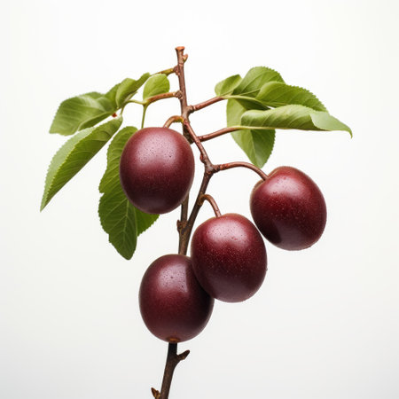 three purple fruits, resembling dark maroon, dangle gracefully from a tree branch against a clean white backdrop. this minimalist japanese-inspired image captures the essence of oshare kei and mike campau's soft-edged style, evoking a sense of tranquility and elegance. ai generatedの素材