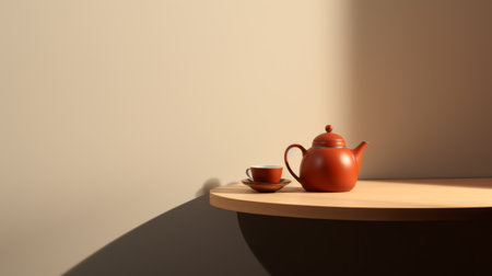a table is beautifully set up for tea, showcasing a realistic portrayal of light and shadow. the composition features a harmonious blend of light red and light orange hues, reminiscent of an inviting ambiance. influenced by ancient chinese art, this stunning image is rendered using octane render and cinema4d, with minimalist backgrounds, capturing the essence of tranquility and elegance. ai generatedの素材