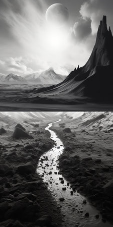 two stunning images capture the essence of a desert landscape, showcasing the black and white realism style of andreas rocha. the flowing textures and thick paint layers create a mesmerizing visual experience. these uhd images resemble interstellar comic book art, while also reflecting the beauty of norwegian nature. ai generatedの素材