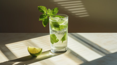 two glasses filled with refreshing lime-infused water, garnished with vibrant mint leaves, are beautifully captured in this desertwave-inspired photograph. the play of light and shadow creates a striking juxtaposition, highlighting the intricate details of the glassware. this image, reminiscent of the american barbizon school, showcases the artistry of schlieren photography, enhanced by the use of vray tracing. shot on fujifilm provia, it captures the essenceの素材