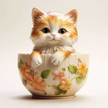 a white ceramic pot holds a figurine sitting on a tabletop. the figurine is designed in the style of hyper-realistic animal illustrations, with a colored cartoon aesthetic in light crimson and amber tones. this catcore-inspired piece showcases highly detailed realism, making it a captivating illustration. (keywords: figurine, tabletop, white ceramic pot, hyper-realistic animal illustrations, colored cartoon style, light crimson, amber, catcore, highly detailed realism, illustration),の素材