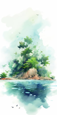 watercolor painting illustration of a mysterious jungle island at the water's edge. created in the style of digital art techniques, this uhd image by kenneth rocafort showcases detailed character illustrations with small brushstrokes. the xbox 360 graphics add a unique touch to this captivating artwork. ai generatedの素材