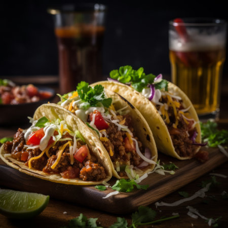 thai bbq tacos on a wooden serving platter with beer on the side. this night photography captures the fusion of mexican and american cultures. shot in 32k uhd with iso 200, the image showcases bold lines and multilayered surfaces. the rtx technology enhances the visual experience. ai generatedの素材