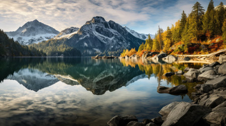 a stunning panorama of a lake surrounded by vibrant fall colors is beautifully reflected in the rocks. this photograph, inspired by the style of dimitry roulland, captures the essence of whistlerian landscapes. shot with a voigtlander heliar 15mm f45 lens, the image showcases the artistic touch of elisabeth sonrel. the color palette of light aquamarine and yellow adds a captivating touch, reminiscent of sergey musin'sの素材