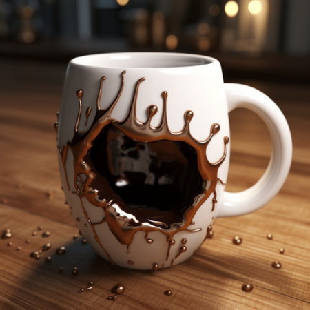 a coffee cup with a broken hole sits on a wooden table in this realistic and hyper-detailed rendering. the melting pots, contest winner, kimoicore, and trapped emotions are depicted in this matte photo, creating a soggy and intriguing composition. ai generatedの素材