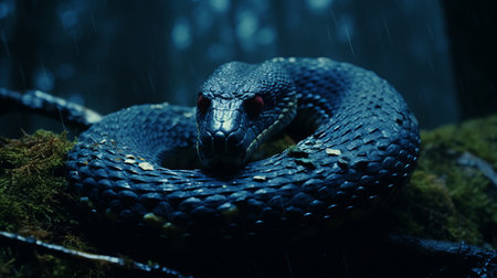 a snake, rendered in cinema4d, is perched amidst the lush leaves of a tree. the image showcases a dark blue color palette and features wet-on-wet blending techniques. this high-resolution uhd photo, captured by joel robison, captures the essence of realistic animal portraits with its dynamic and action-packed composition. ai generatedの素材