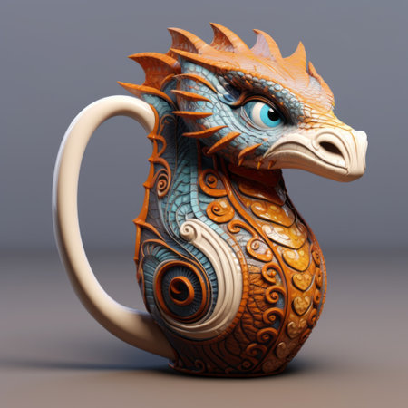 a 3d printed ceramic dragon mug featuring a captivating fantasy illustration in vibrant orange and cyan colors. this eye-catching composition showcases the intricate details and charm of the characters. created using digital art techniques and vray tracing, this uhd image is a perfect blend of creativity and craftsmanship. ai generatedの素材