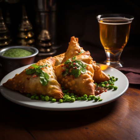 a plate of food featuring a bowl of pasta and a glass of beer, showcasing the vibrant indian pop culture style. the image is characterized by dark emerald and green tones, with creased, crinkled, and wrinkled textures. the composition has a selective focus, capturing the essence of moosa al halyan and party kei. this captivating photo is the work of nelleke pieters. ai generatedの素材