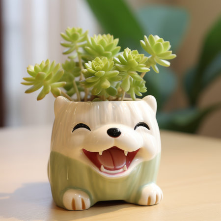 a ceramic green flower pot with a lively facial expression sits near an object, creating a caninecore aesthetic. the konica big mini and cartoon mis-en-scene style add a playful touch to the scene. the harmony with nature is enhanced by the sharp, prickly details, reminiscent of the ricoh ff-9d camera. ai generatedの素材
